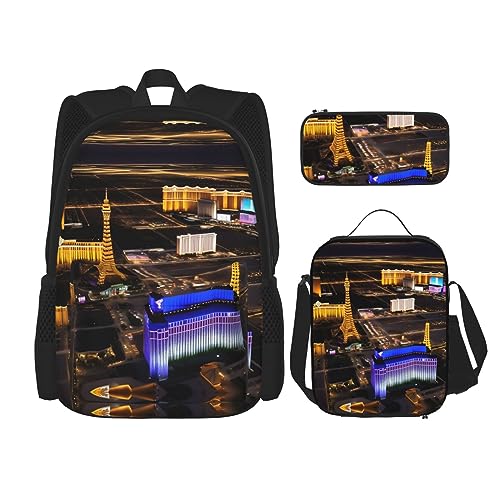 KoNsev Bedruckter Rucksack, 3-teiliges Set, für Reisen, Wandern, leichtes Laptop-Bleistiftetui, isolierte Lunchtasche für Damen, Laserlicht, Las Vegas Nacht, Einheitsgröße von KoNsev