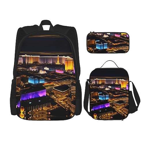 KoNsev Bedruckter Rucksack, 3-teiliges Set, für Reisen, Wandern, leichtes Laptop-Bleistiftetui, isolierte Lunchtasche für Damen, Laserlicht, Las Vegas Nachtansicht, Einheitsgröße von KoNsev