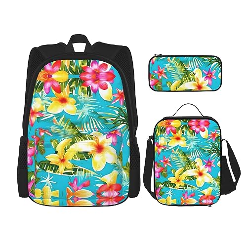 KoNsev Bedruckter Rucksack, 3-teiliges Set, für Reisen, Wandern, leichtes Laptop-Bleistiftetui, isolierte Lunchtasche für Damen, Sonnenblume und amerikanische Flagge, Sommer Stil Hawaii, Einheitsgröße von KoNsev