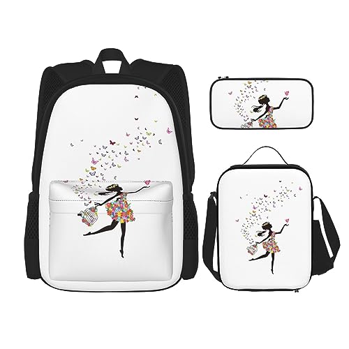 KoNsev Bedrucktes Büchertaschen-Set für Mittelschule, Grundschule, 3-teiliges Schulranzen mit Lunch-Tasche, Federmäppchen, buntes Boho-Blumenmuster, Mädchen Dance Butterfly, Einheitsgröße von KoNsev