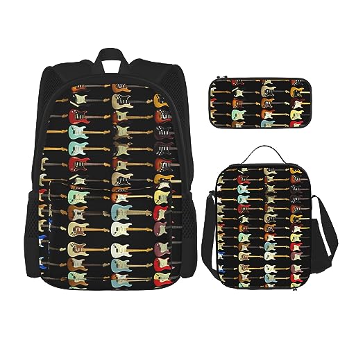 KoNsev Drucken Büchertaschen Set für Mittelschule Grundschule 3pcs Schultasche mit Mittagessen Tasche Federmäppchen Mädchen mit Luftballons, Bunte Gitarren., Einheitsgröße von KoNsev