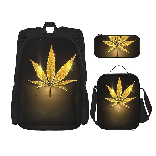 KoNsev Drucken Büchertaschen Set für Mittelschule Grundschule 3pcs Schultasche mit Mittagessen Tasche Federmäppchen Mädchen mit Luftballons, Golden Cannabis, Einheitsgröße von KoNsev