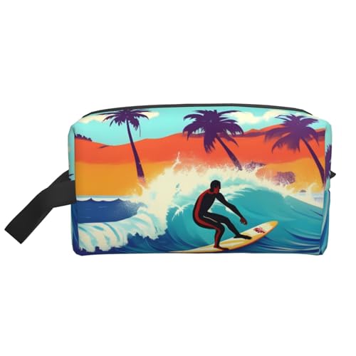 KoNsev Kulturbeutel für Damen und Herren, Motiv: hawaiianischer Surfer auf gewelltem Design, kleine Münzgeldbörse, kleine Tasche, Hawaiianischer Surfer auf Wellen, Einheitsgröße von KoNsev