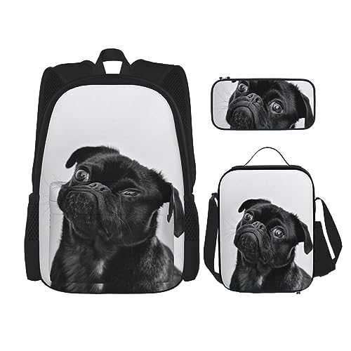 KoNsev Print Bookbags Set for Middleschool Elementary, 3pcs School Bag with Lunch Bag Pencil Case,Cute Black Mops Dog, Süßer schwarzer Mops, Einheitsgröße von KoNsev