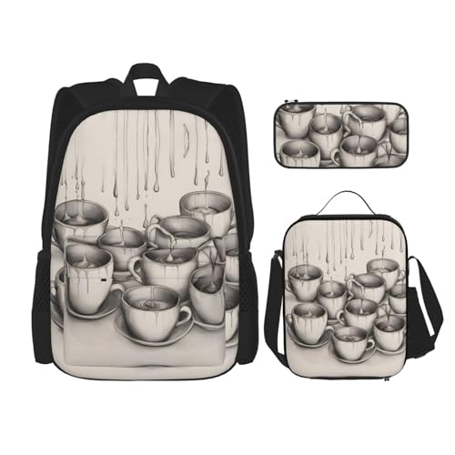 KoNsev Tropischer Regenwald Rucksäcke mit Lunchbox Federmäppchen für College Laptop Rucksack 15 Zoll Daypack, Handgezeichnete Teekannen und Becher, Einheitsgröße von KoNsev