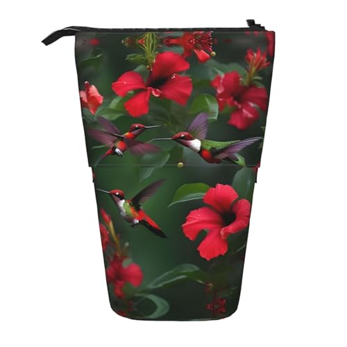 Kolibris rote Blume Hibiskus Druck Teleskop Bleistift Tasche Stifthalter Schreibwaren Fall,Stand-Up Retractable Transformator Tasche von KoNsev