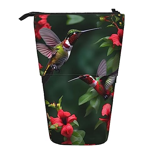 Kolibris rote Blumen Hibiskusdruck Teleskop Bleistift Tasche Stifthalter Schreibwaren Fall,Stand-Up Retractable Transformator Tasche von KoNsev