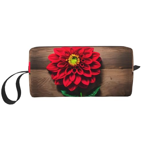 Kulturbeutel mit Holzbrett, Retro-Blume, rote Dahlie, Reise-Kulturbeutel für Damen und Herren, Zubehör, kleine Geldbörse, kleine Tasche, Holzbrett, Retro-Blume, rote Dahlie, Einheitsgröße von KoNsev