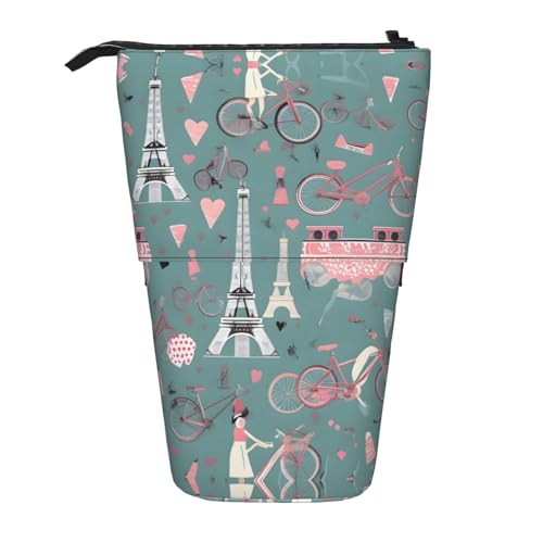 Romantisches Paris Eiffelturm Fahrrad Druck Teleskop Bleistift Tasche Stiftehalter Schreibwaren Fall,Stand-Up Retractable Transformator Tasche von KoNsev