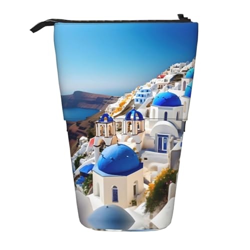 Santorini Teleskop-Federmäppchen mit griechischer Insel und Meerblick, Stifthalter, Schreibwarenetui, aufstellbar, einziehbare Transformator-Tasche von KoNsev