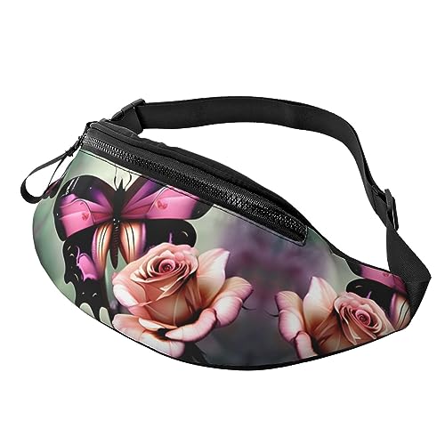 Schultertasche mit Blumen- und Rosen- und Schmetterlings-Motiv, modische Schultertasche, Bauchtasche, Rucksack für Workout, Reisen, Laufen, Schwarz , Einheitsgröße von KoNsev