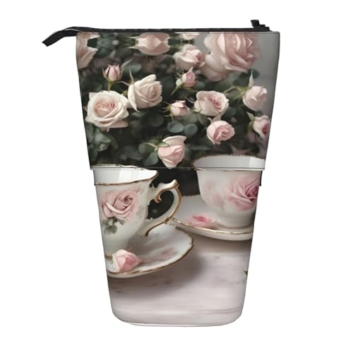 Teetassen mit Rosen Romantische Shabby Teleskop Bleistift Tasche Stifthalter Schreibwaren Fall Aufstehen Einziehbare Transformator Tasche Organizer von KoNsev