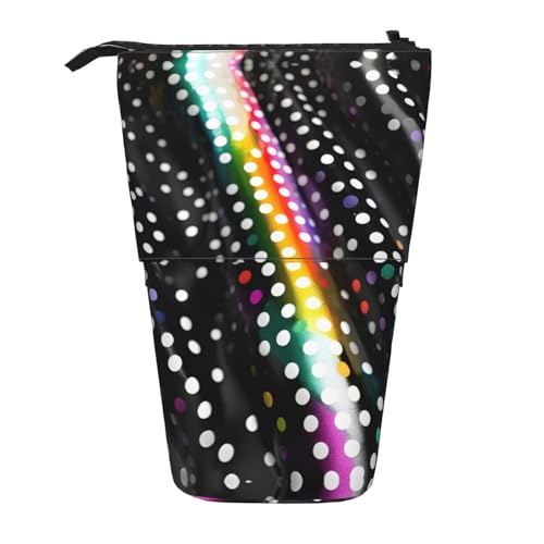 Teleskop-Bleistiftbeutel, Stifthalter, Stiftehalter, Stand-Up Retractable Transformator-Tasche mit Glitzer-Regenbogen-Punkt-Streifen, Schwarz und Weiß von KoNsev