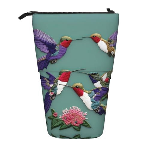 Teleskop-Federmäppchen mit Blumen-Kolibri-Stickerei-Aufdruck, Stifthalter, Schreibwarenetui, aufstellbar, einziehbare Transformator-Tasche von KoNsev