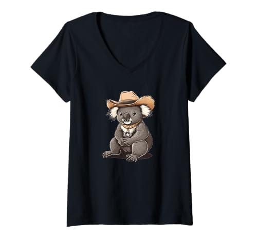 Damen Lustiger Cowboy-Koala mit Hut für Erwachsene und Kinder T-Shirt mit V-Ausschnitt von Koala Cowboy