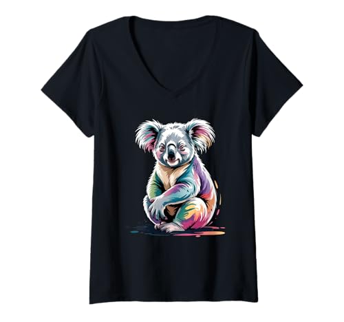 Damen Koala Poster Stil Bunte Farbspritzer Kunst Grafik T-Shirt mit V-Ausschnitt von Koala Lover Apparel & Arts