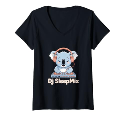 Damen Dj SleepMix Koala DJ Kopfhörer Mischpult Chill Nacht T-Shirt mit V-Ausschnitt von Koala Musik DJ Kopfhörer Mischpult Nacht Sound