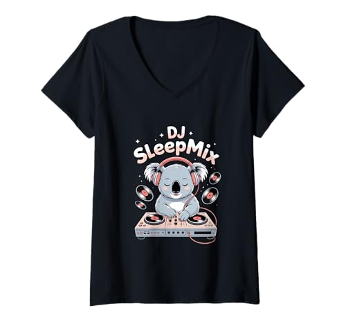 Damen DJ SleepMix Koala Mit Kopfhoerer Plattenspieler Vinyl T-Shirt mit V-Ausschnitt Damen DJ SleepMix Koala Mit Kopfhoerer Plattenspieler Vinyl T-Shirt mit V-Ausschnitt von Koala Musik DJ Kopfhoerer Vinyl Plattenspieler