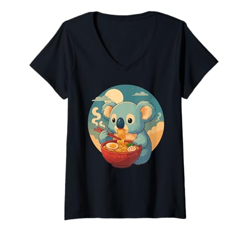 Damen Koala isst Ramen Nudeln Japanisches Vintage T-Shirt mit V-Ausschnitt Damen Koala isst Ramen Nudeln Japanisches Vintage T-Shirt mit V-Ausschnitt von Koala Ramen Nudeln Retro Kawaii Shop
