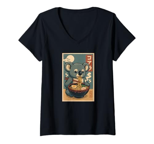 Damen Koala isst Ramen Nudeln Japanisches Vintage T-Shirt mit V-Ausschnitt Damen Koala isst Ramen Nudeln Japanisches Vintage T-Shirt mit V-Ausschnitt von Koala Ramen Nudeln Retro Kawaii Shop