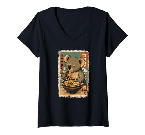 Damen Koala isst Ramen Nudeln Japanisches Vintage T-Shirt mit V-Ausschnitt Damen Koala isst Ramen Nudeln Japanisches Vintage T-Shirt mit V-Ausschnitt von Koala Ramen Nudeln Retro Kawaii Shop