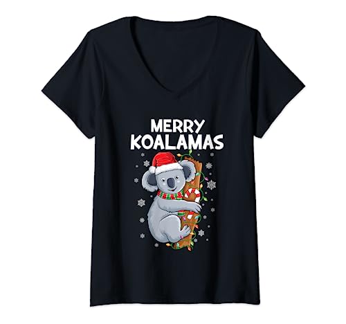 Damen Frohe Koalamas süße Weihnachts-Koala Nikolausmütze Xmas Koala T-Shirt mit V-Ausschnitt von Koala christmas pajamas family matching apparel