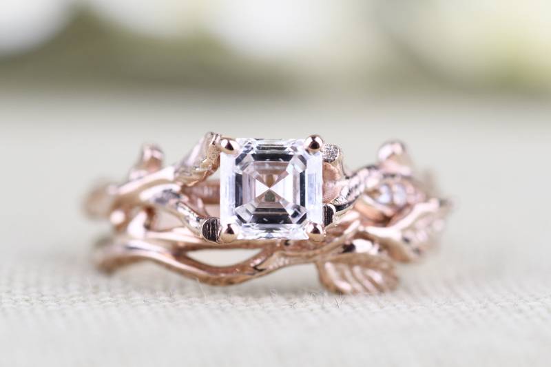 Baum Und Blätter Braut Ring Set Solid 14K Rose Asscher Cut Lab Grwon Weißer Diamant-Verlobungsring von KoalaJewelleryDesign