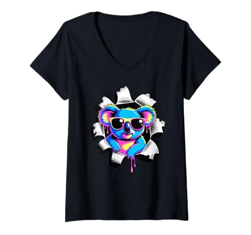 Damen Gerissener Papiereffekt Koala Sonnenbrille Koalas T-Shirt mit V-Ausschnitt von Koalas Koala Lover Gifts