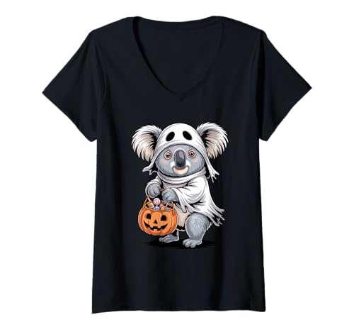 Damen Halloween Koala Geist Kürbis Süßes Oder Saures Süßigkeiten T-Shirt mit V-Ausschnitt von Koalas Koala Lover Gifts