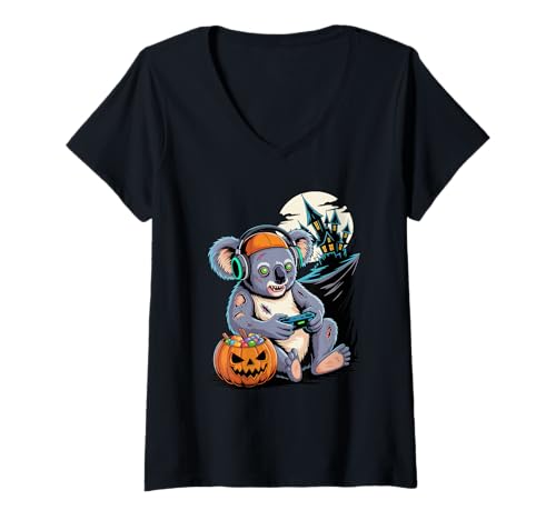 Damen Halloween Zombie Koala Gamer Verlassenes Schloss Gaming T-Shirt mit V-Ausschnitt von Koalas Koala Lover Gifts