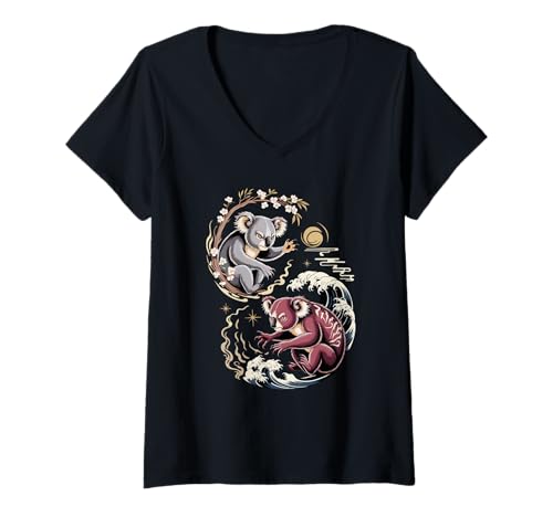 Damen Japanische Kunst Koalabär Gut Und Teufel Koalas T-Shirt mit V-Ausschnitt von Koalas Koala Lover Gifts