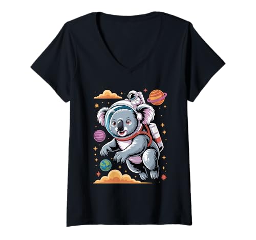 Damen Koala Astronaut Koalas Planeten Sonnensystem T-Shirt mit V-Ausschnitt von Koalas Koala Lover Gifts