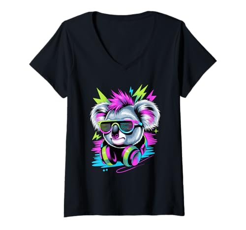 Damen Punk Ära Stil Koalabär Sonnenbrille Koalas T-Shirt mit V-Ausschnitt Damen Punk Ära Stil Koalabär Sonnenbrille Koalas T-Shirt mit V-Ausschnitt von Koalas Koala Lover Gifts