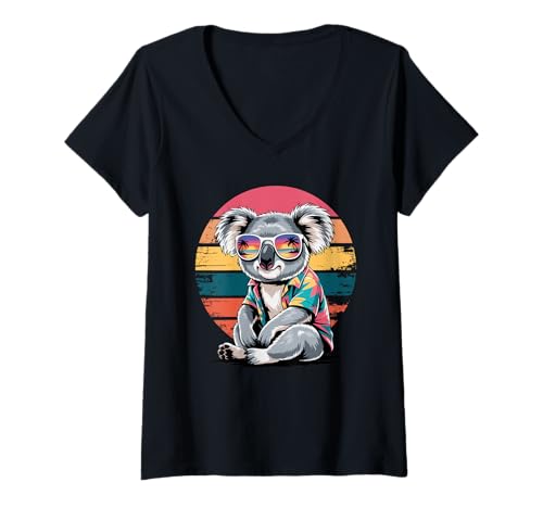 Damen Retro Koala Sonnenbrille Hawaii Strand Sommer Urlaub T-Shirt mit V-Ausschnitt Damen Retro Koala Sonnenbrille Hawaii Strand Sommer Urlaub T-Shirt mit V-Ausschnitt von Koalas Koala Lover Gifts