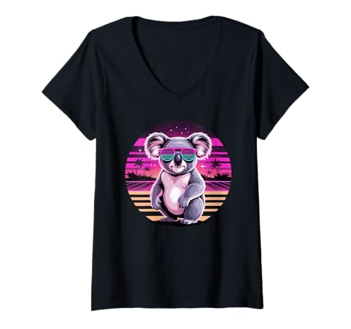 Damen Retro Synthwave Koala Bär Sonnenbrille Koalas T-Shirt mit V-Ausschnitt Damen Retro Synthwave Koala Bär Sonnenbrille Koalas T-Shirt mit V-Ausschnitt von Koalas Koala Lover Gifts