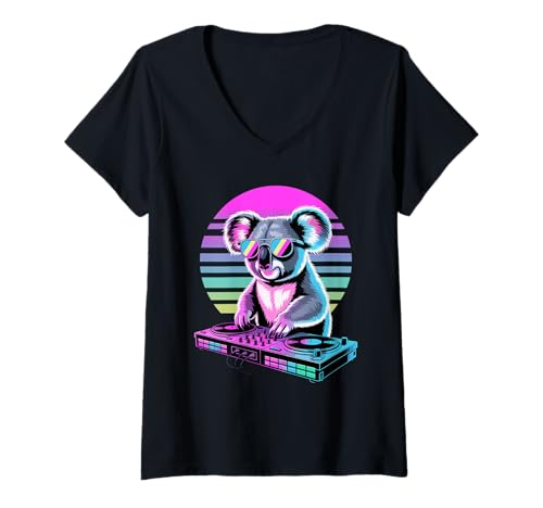 Damen Synthwave Koala DJ Sonnenbrille Koalas T-Shirt mit V-Ausschnitt von Koalas Koala Lover Gifts