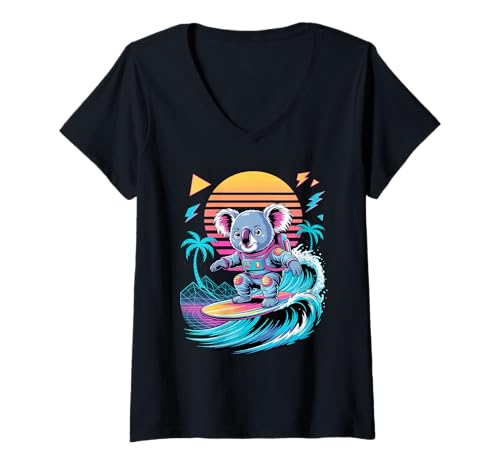Damen Synthwave Surfer Koala Astronaut Koalas T-Shirt mit V-Ausschnitt von Koalas Koala Lover Gifts
