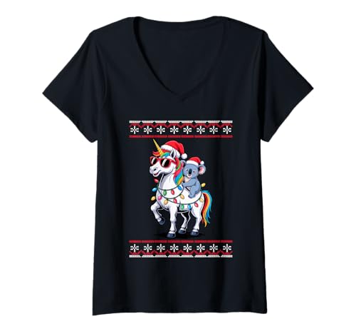 Damen Weihnachten Koala Einhorn Sonnenbrille Koalas T-Shirt mit V-Ausschnitt von Koalas Koala Lover Gifts