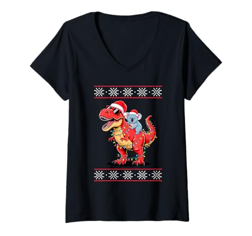 Damen Weihnachten Koala T-Rex Dinosaurier Tyrannosaurus Rex T-Shirt mit V-Ausschnitt von Koalas Koala Lover Gifts