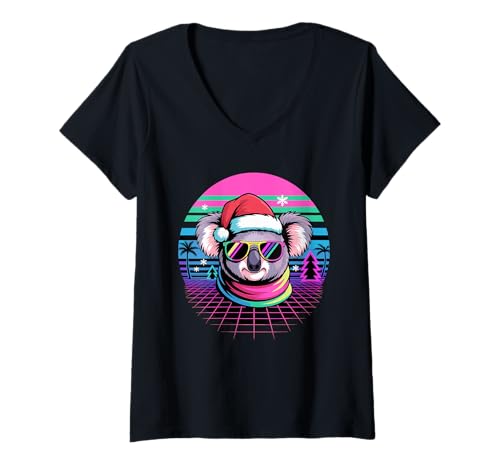 Damen Weihnachten Synthwave Koala Sonnenbrille Koalas T-Shirt mit V-Ausschnitt Damen Weihnachten Synthwave Koala Sonnenbrille Koalas T-Shirt mit V-Ausschnitt von Koalas Koala Lover Gifts
