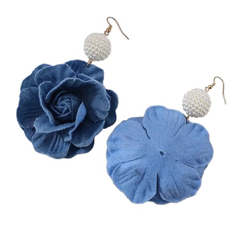 Handgefertigte Kamelien-Blumenohrringe, blaue Blumenohrringe, stilvolle Jeans-Blumen, Tropfen-Ohrschmuck, Ornament für Frauen von Kobeleen