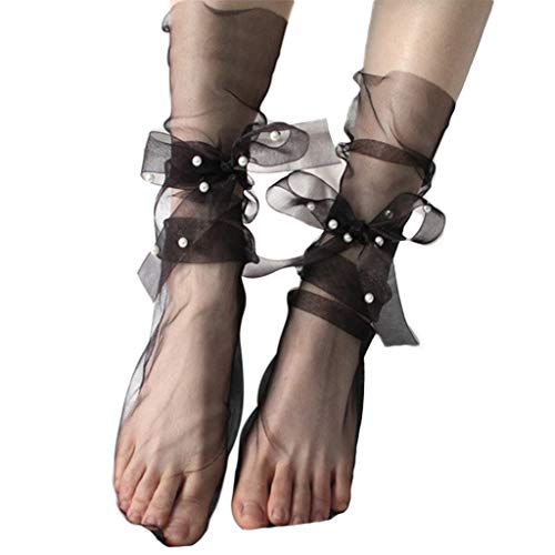 Kobeleen Ultradünne, durchsichtige Slouchy-Söckchen für Damen mit Schleife und Perlen-Mesh-Tüllstrümpfen von Kobeleen