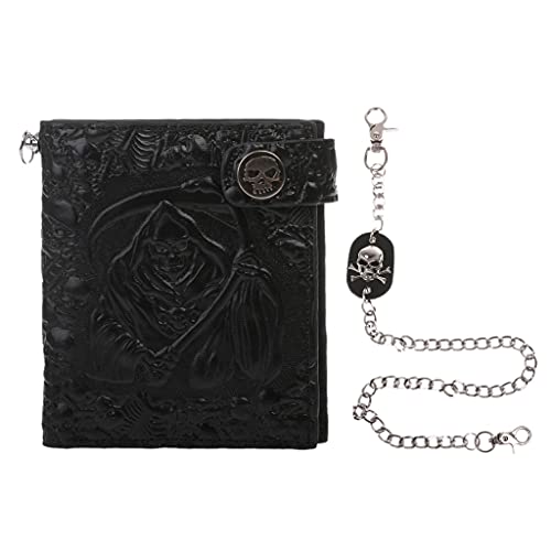 Kobeleen Vintage Totenkopf-Leder-Geldbörse mit Anti-Diebstahl-Kette für Herren, Bifold-ID-Kreditkarte von Kobeleen