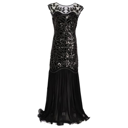 20er Jahre Kleid Damen Schwarz Glitzer Lang Sexy Eng Glitzerkleid Charleston Kleid Faschings mit Fransen Silvester 20er Jahre Kostüm Eng Karneval Party V Ausschnitt ohne Ärmeln Abendkleider von Kobilee