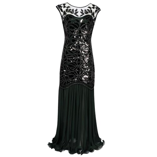 20er Jahre Kleid Damen Schwarz Glitzer Lang Sexy Eng Glitzerkleid Charleston Kleid Faschings mit Fransen Silvester 20er Jahre Kostüm Eng Karneval Party V Ausschnitt ohne Ärmeln Abendkleider von Kobilee