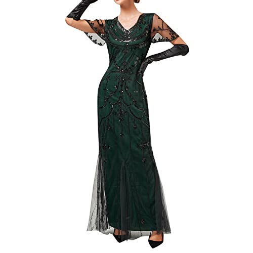 20er Jahre Kleid Damen Sexy Eng Lang Karneval Vintage Kleid Glitzer ohne Ärmeln V Ausschnitt Abendkleider Eng mit Fransen Faschings Party Silvester Glitzerkleid Charleston Kleid von Kobilee