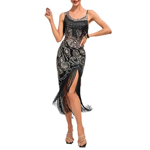 Abendkleider Damen Lang Glitzer ohne Ärmeln Eng Pailettenkleider Silvester Rundhals 1920er Kleider Charleston Kleid Sexy Party Karneval Eng mit Fransen 20er Jahre Kleid Glitzerkleid von Kobilee