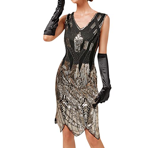 Abendkleider Damen Sexy ohne Ärmeln Kurz Karneval Glitzerkleid Charleston Kleid Silvester mit Fransen Party 20er Jahre Kleid Eng Rundhals Faschings Eng Glitzer Fransenkleid Pailettenkleider von Kobilee