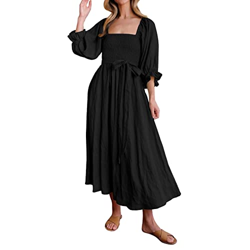 Damen Boho Kleid Lang Kleider Leicht Swing Kleid Volant Ärmel Sommerkleid Einfarbig A Linie Sommer Strandkleid Maxikleid Festlich Elegant Wort Schulter mit Gürtel Kleider von Kobilee