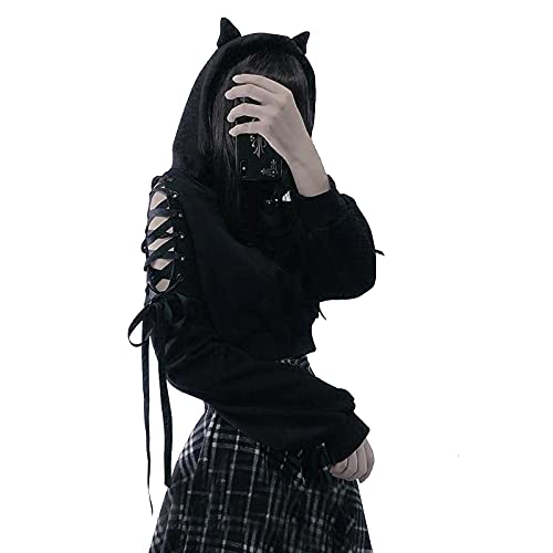 Damen Gothic Kleidung Oberteil Shirt Pullover Mantel Moon Druck Schwarz Punk Harajuku Stil Vintage Halloween Karneval Fasching Kostüm von Kobilee